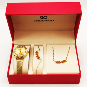 Coffret Giorgio & Dario EU6389 Fond Doré avec Collier et Bracelet Feuilles Cristaux