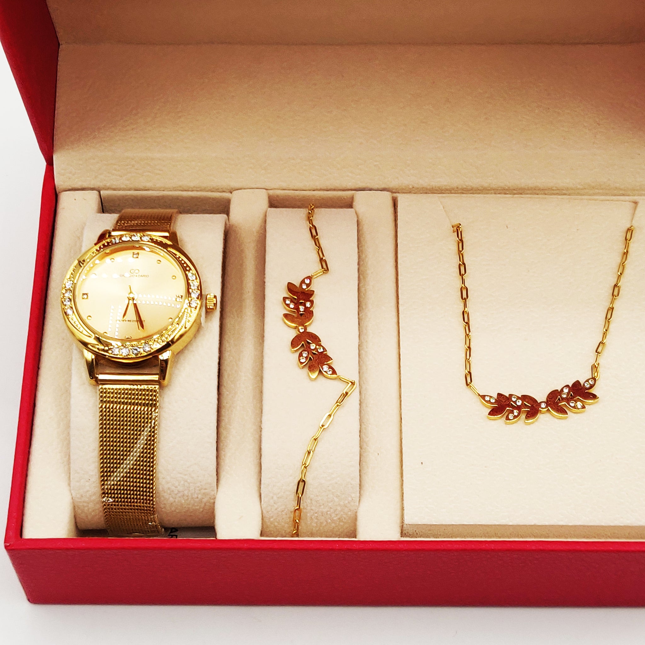 Coffret Giorgio & Dario EU6389 Fond Doré avec Collier et Bracelet Feuilles Cristaux