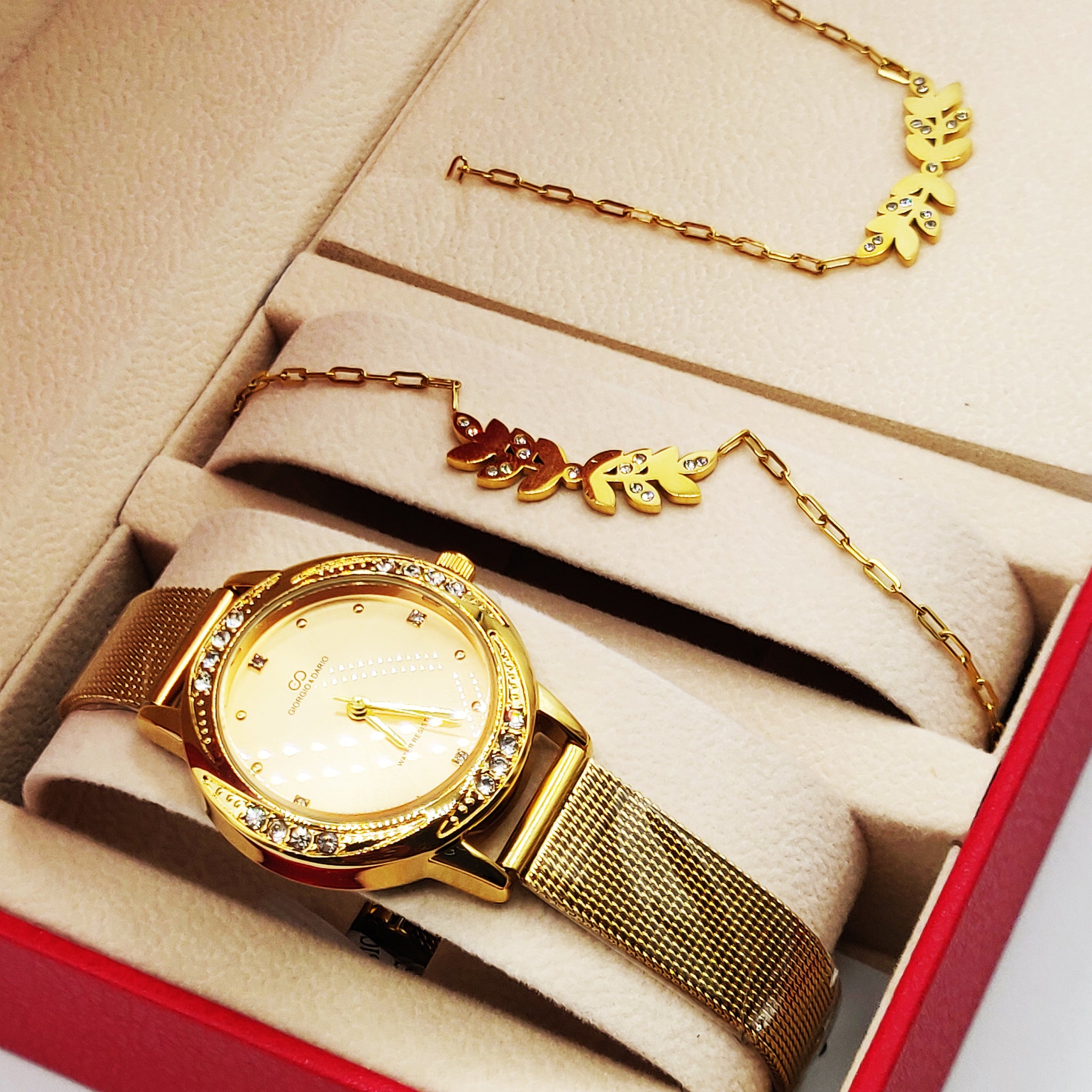 Coffret Giorgio & Dario EU6389 Fond Doré avec Collier et Bracelet Feuilles Cristaux