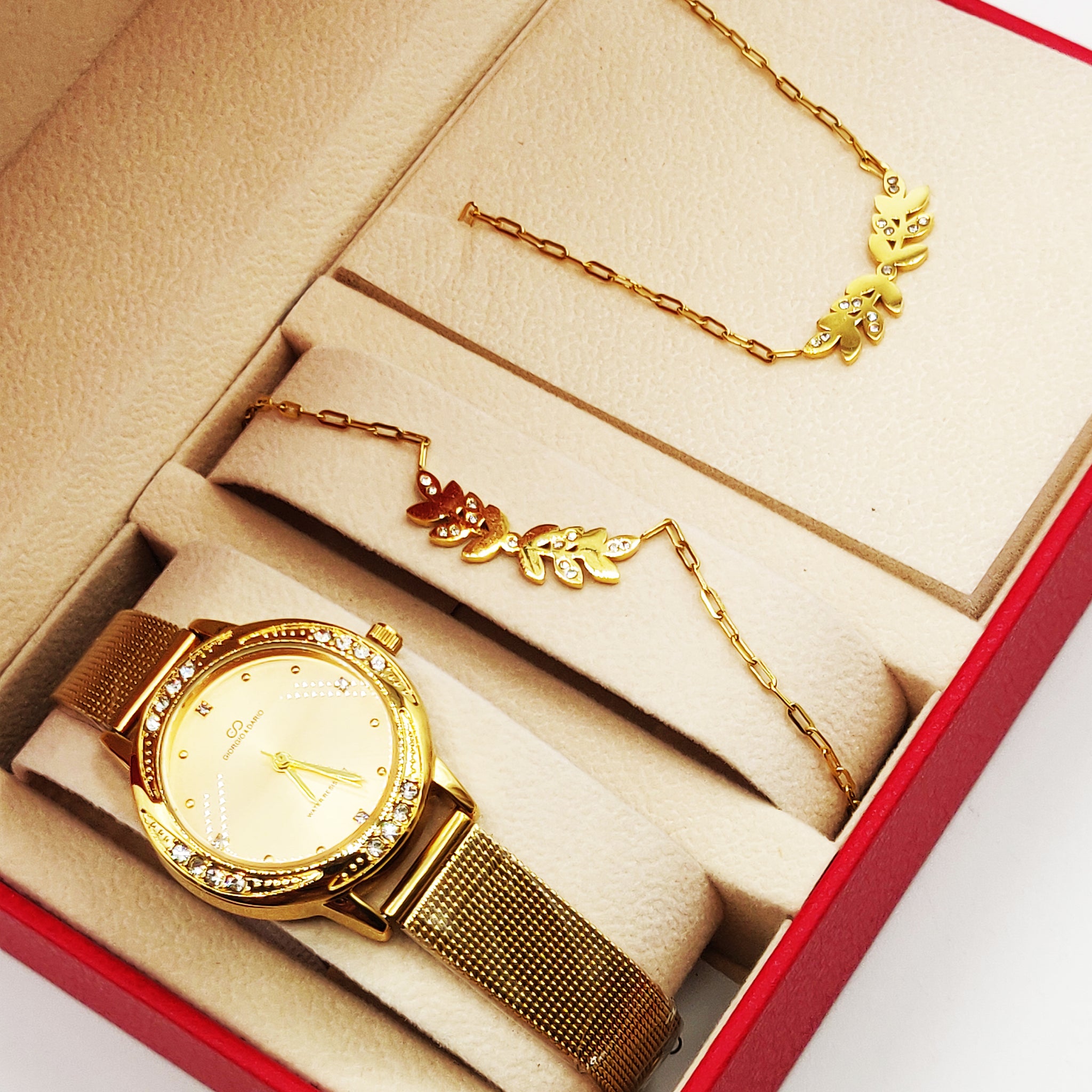 Coffret Giorgio & Dario EU6389 Fond Doré avec Collier et Bracelet Feuilles Cristaux