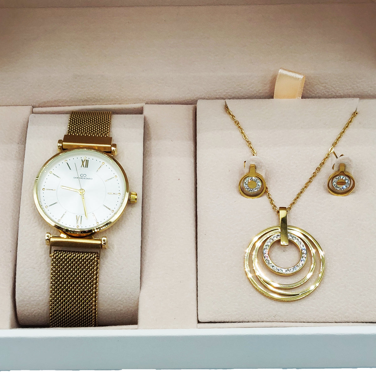 Coffret Montre Giorgio & Dario GDM200734 avec Collier et Boucles d'oreilles Multi Cercles Cristaux