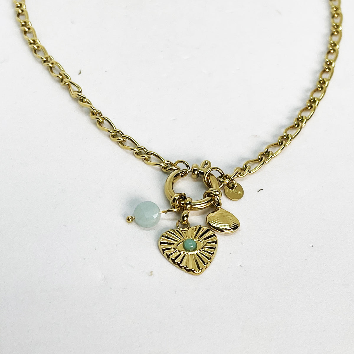 Collier Chaîne 3 Pendentifs Coeur Oeil Bleu