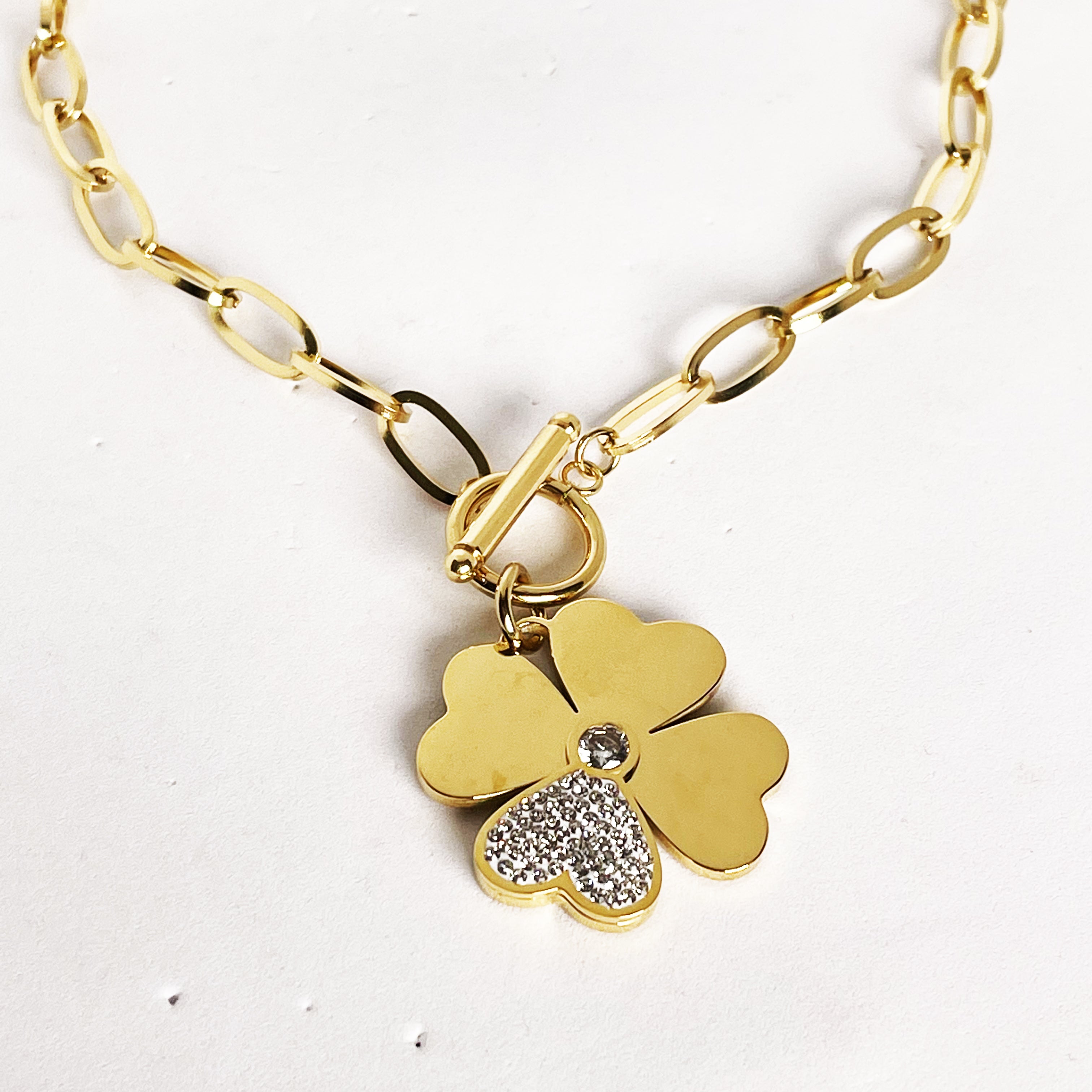 Collier Chaîne Trèfle Coeur Cristaux