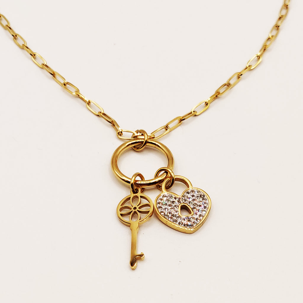 Collier Chaîne Clé et Cadenas Coeur Cristaux