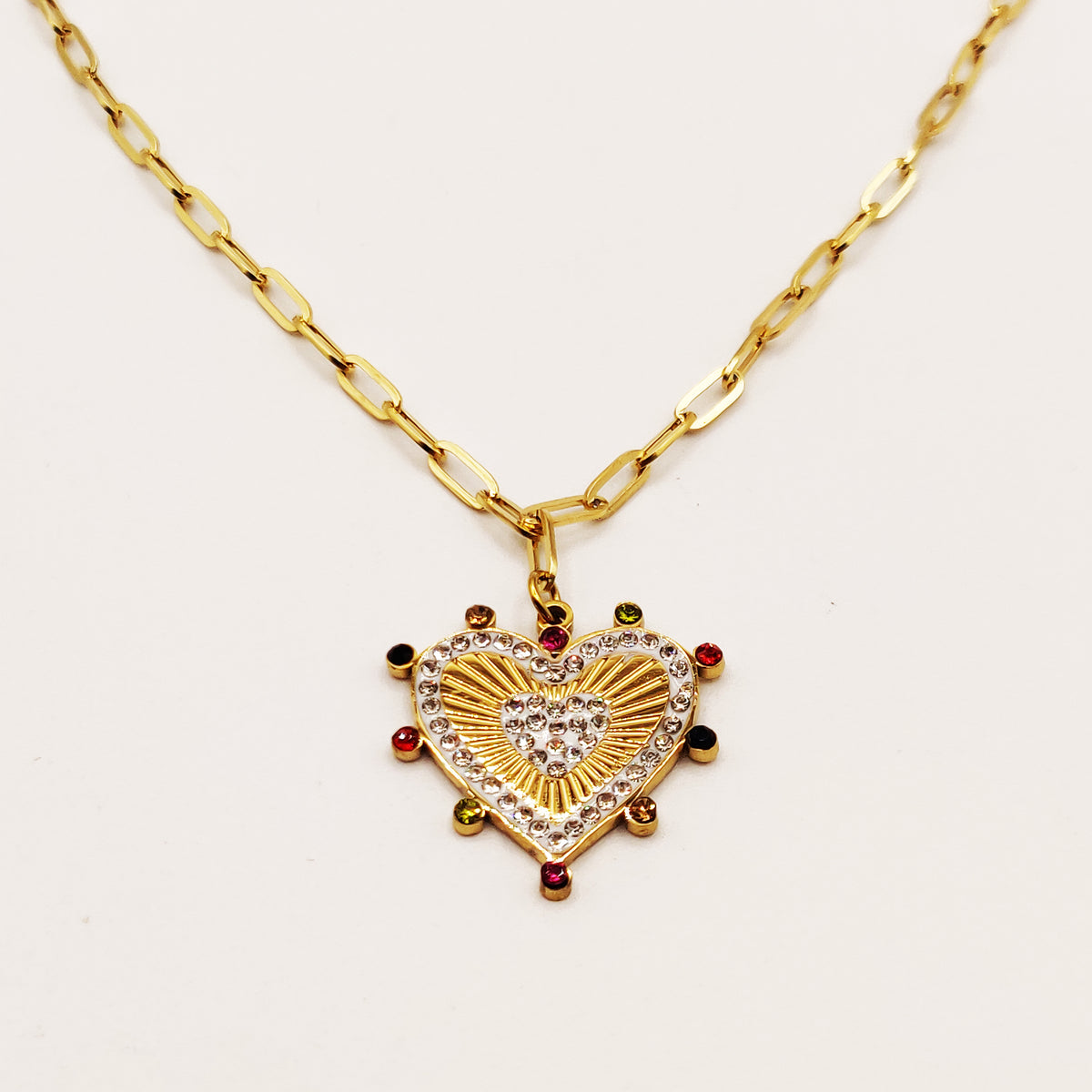 Collier Chaîne Coeur Cristaux Multicolores