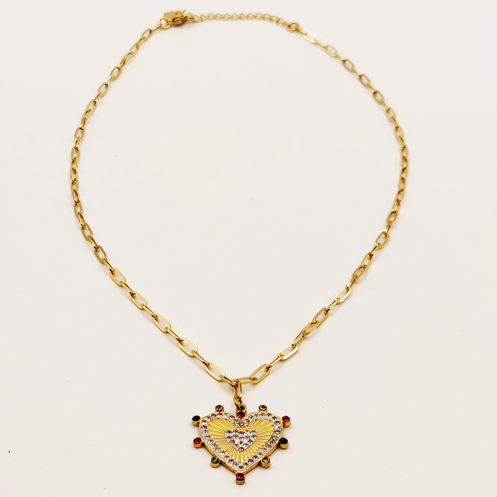 Collier Chaîne Coeur Cristaux Multicolores