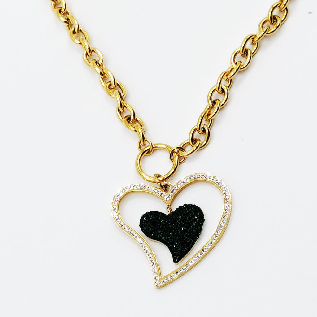 Collier Chaîne Double Coeur Cristaux Vert Royal