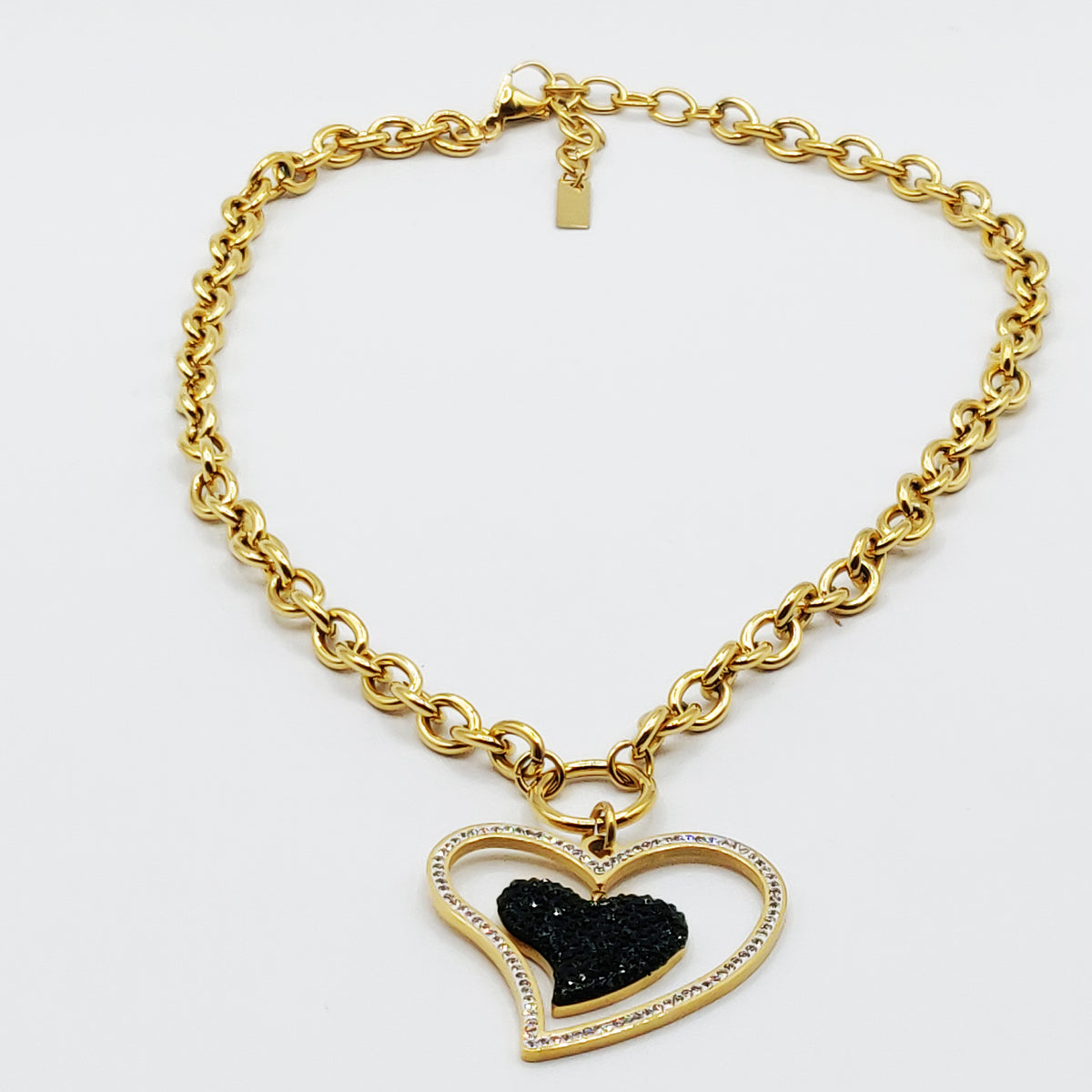 Collier Chaîne Double Coeur Cristaux Vert Royal