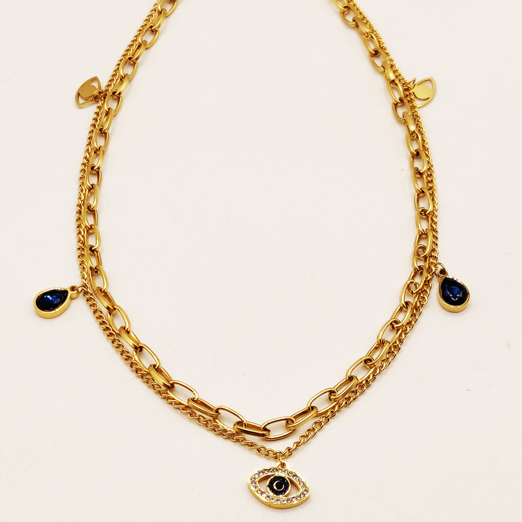 Collier Chaîne Double Yeux et Gouttes Bleues Luxe