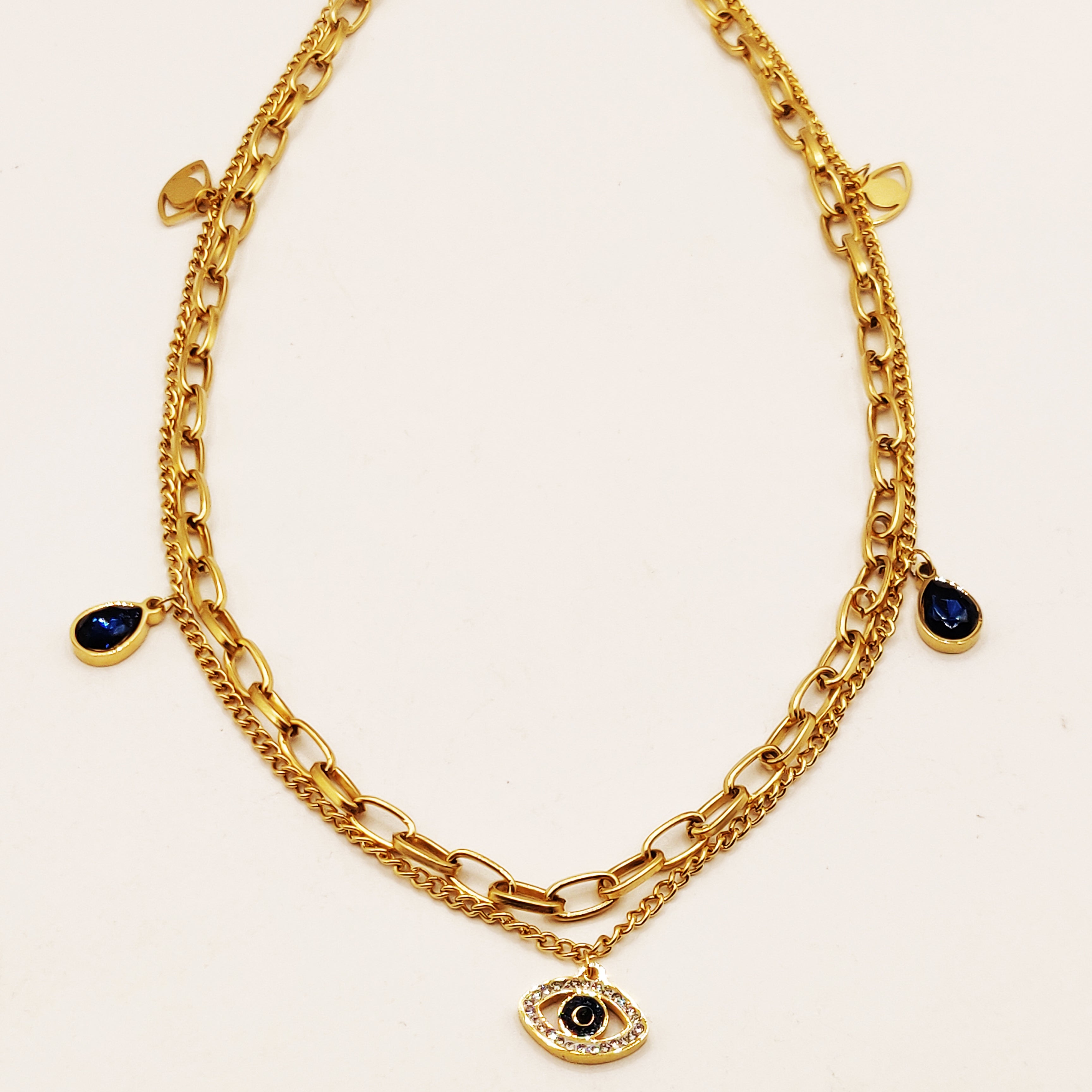 Collier Chaîne Double Yeux et Gouttes Bleues Luxe