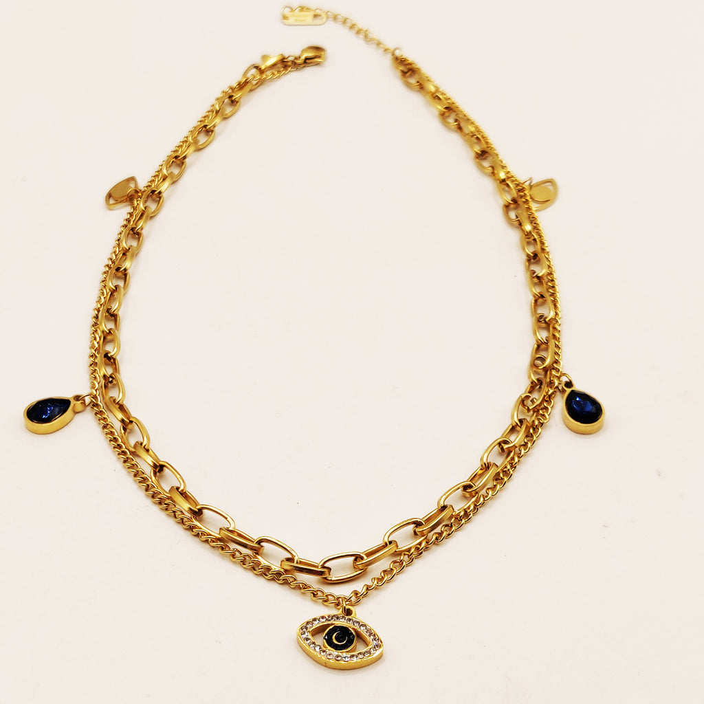Collier Chaîne Double Yeux et Gouttes Bleues Luxe