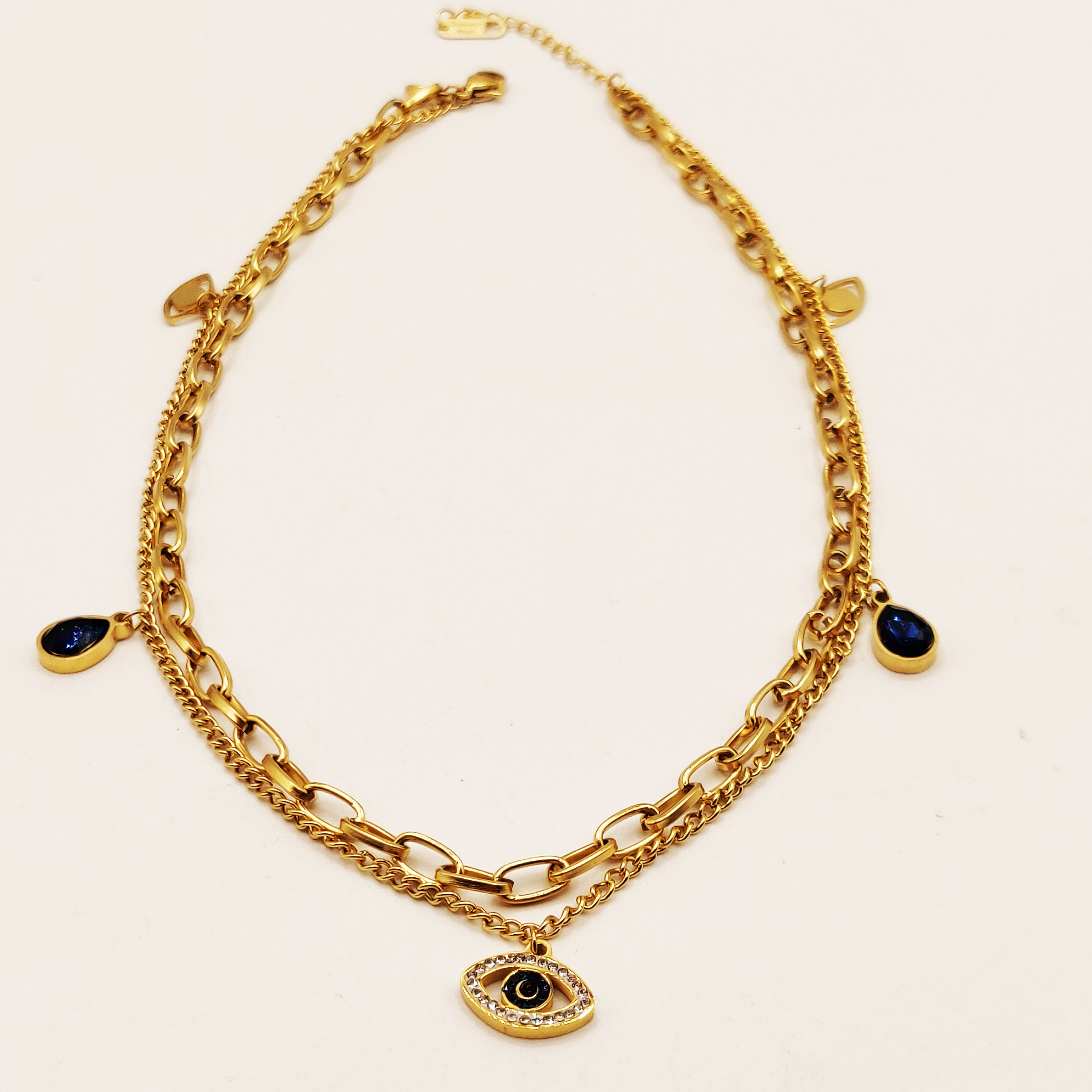 Collier Chaîne Double Yeux et Gouttes Bleues Luxe