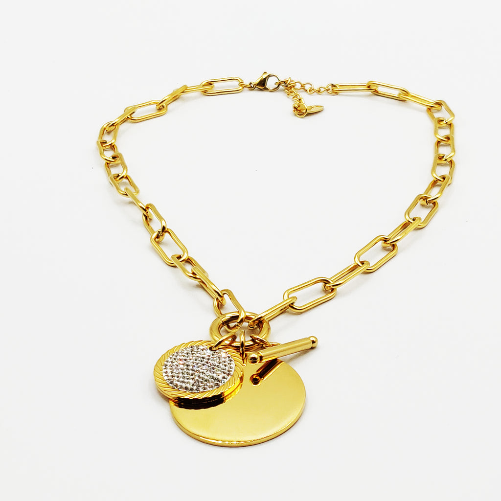 Collier Chaîne Grand Cercle Doré et Soleil Cristaux