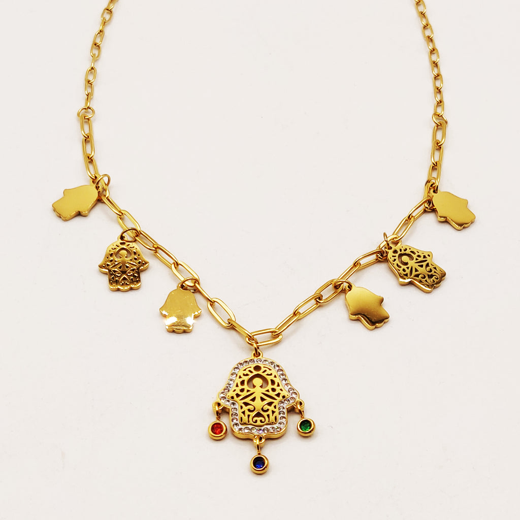Collier Chaîne Multi Mains de Fatma Cristaux Multicolores Luxe