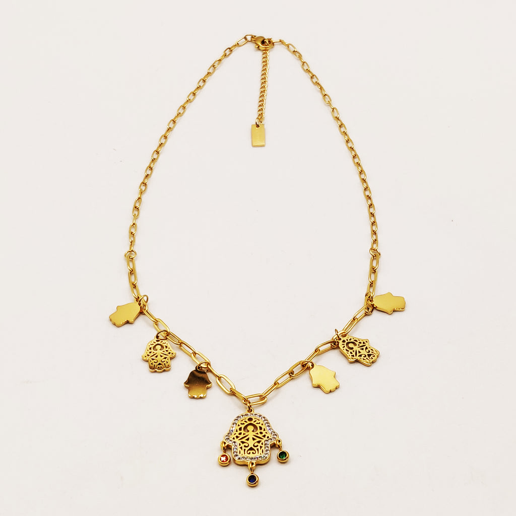 Collier Chaîne Multi Mains de Fatma Cristaux Multicolores Luxe