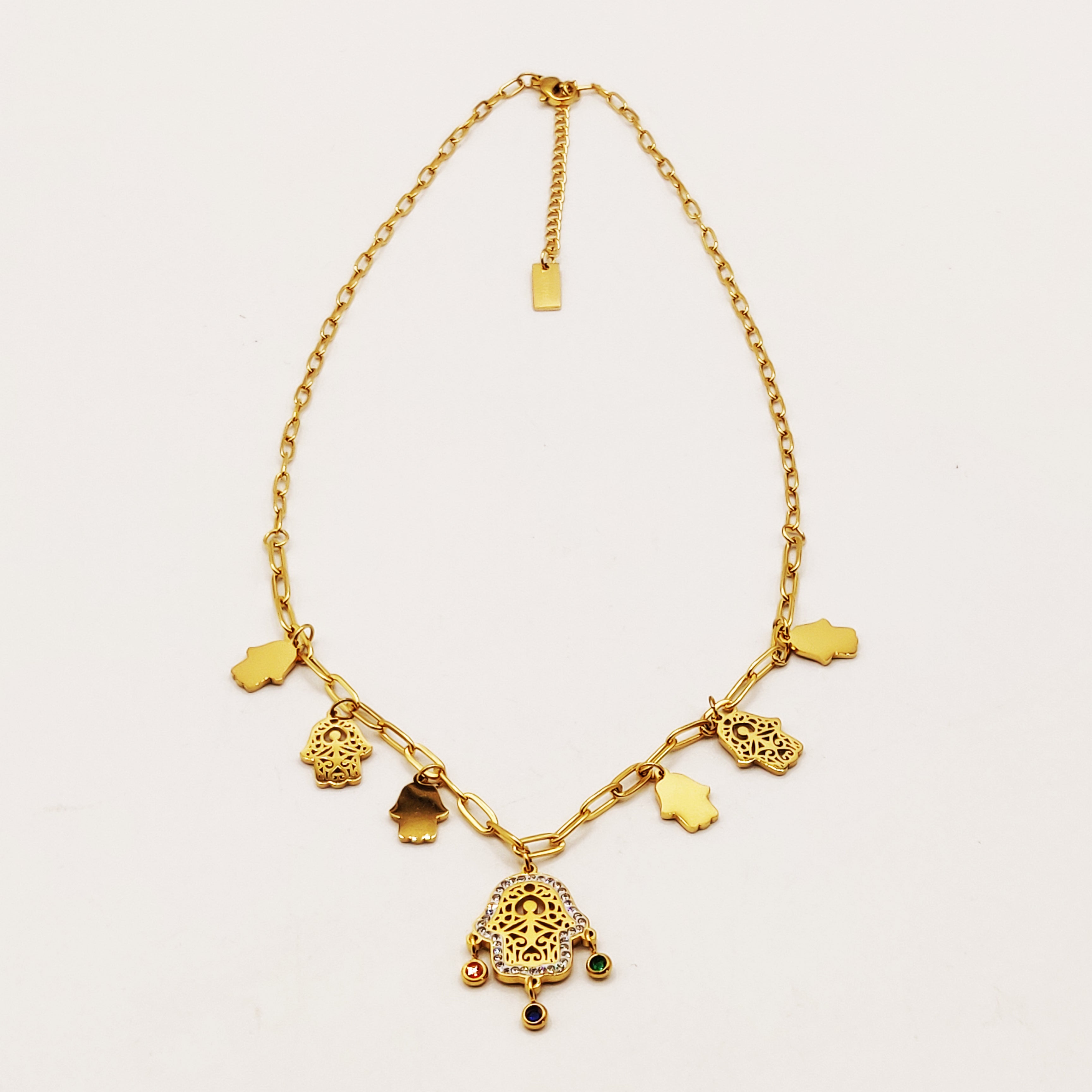 Collier Chaîne Multi Mains de Fatma Cristaux Multicolores Luxe