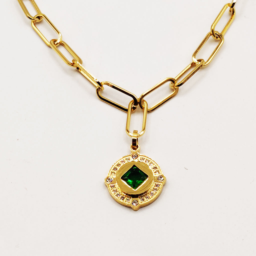 Collier Chaîne Pendentif Cercle Losange Vert Luxe