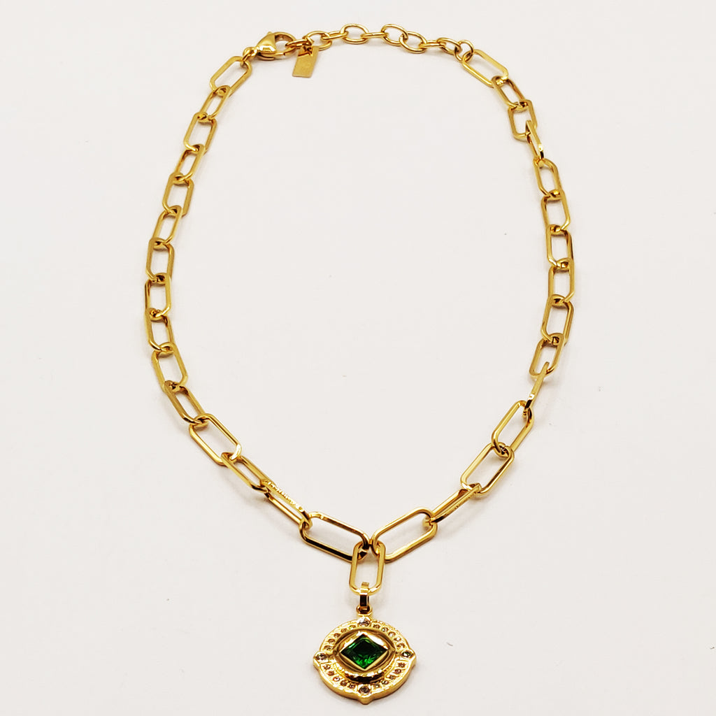 Collier Chaîne Pendentif Cercle Losange Vert Luxe