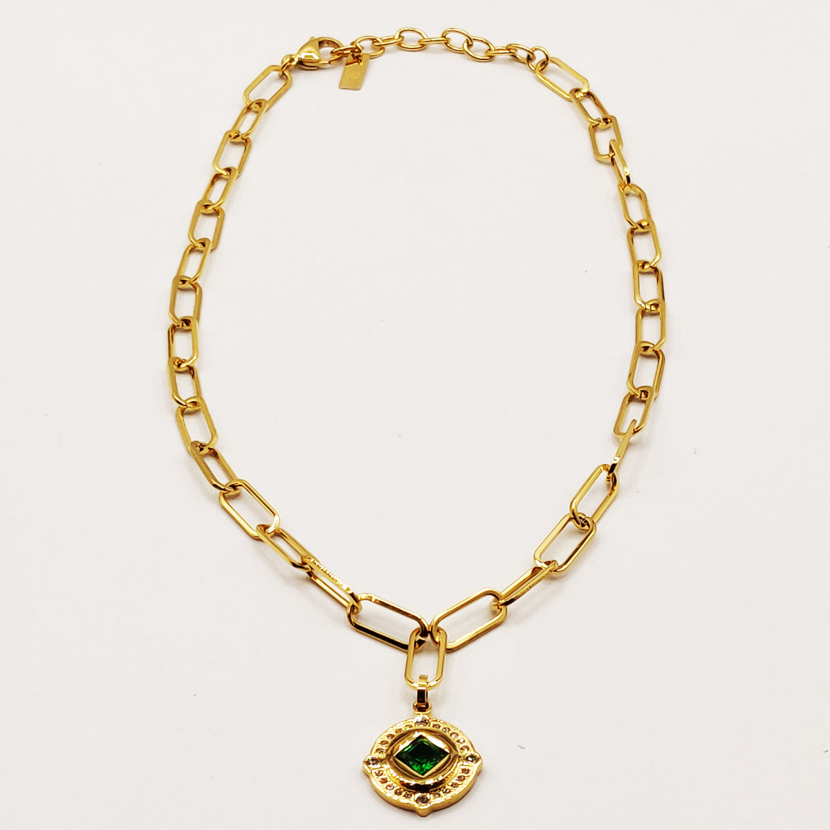 Collier Chaîne Pendentif Cercle Losange Vert Luxe