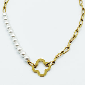 Collier Chaîne et Perles Trèfle Creux
