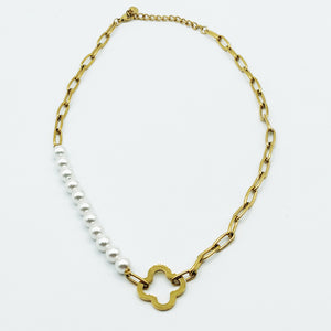 Collier Chaîne et Perles Trèfle Creux