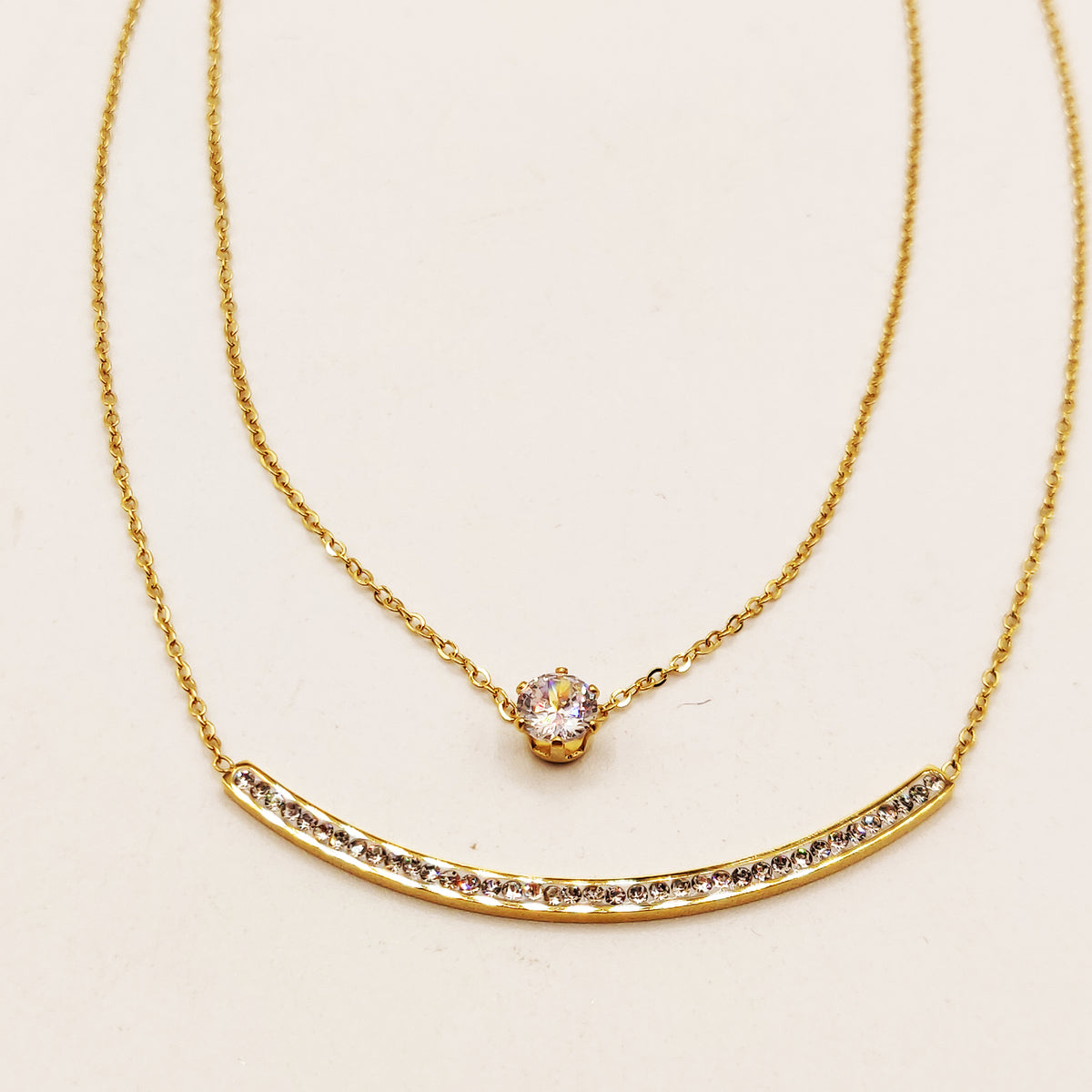 Collier Double Barre Cristaux et Gros Cristal Luxe