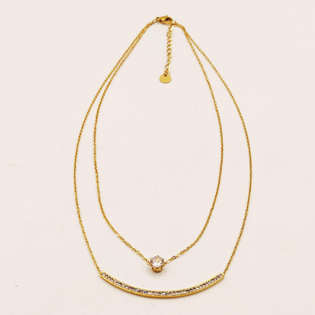 Collier Double Barre Cristaux et Gros Cristal Luxe
