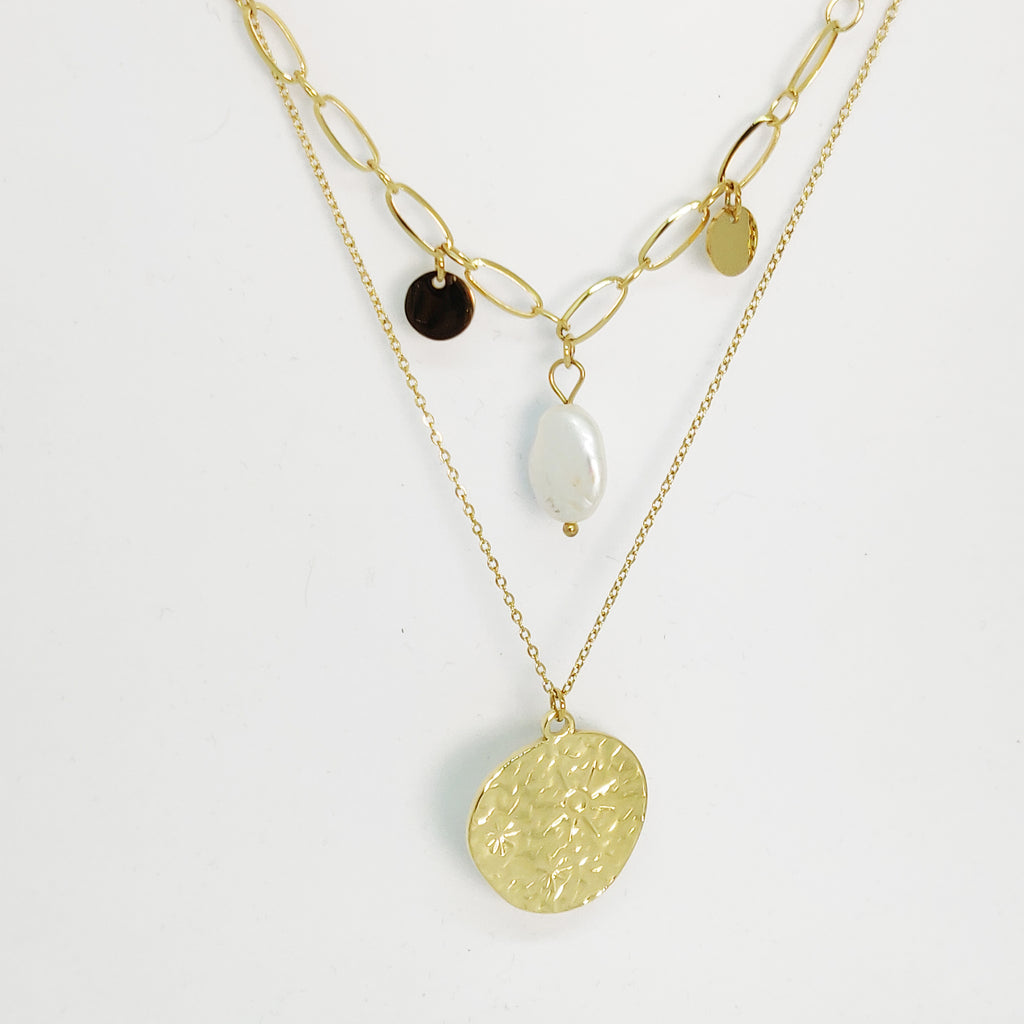 Collier Double Cercles et Pierre Blanche