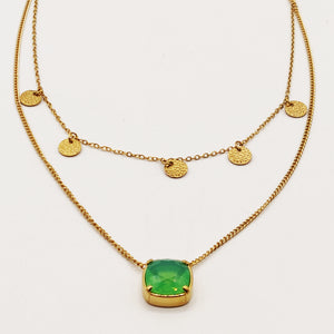 Collier Double Cercles et Pierre Verte