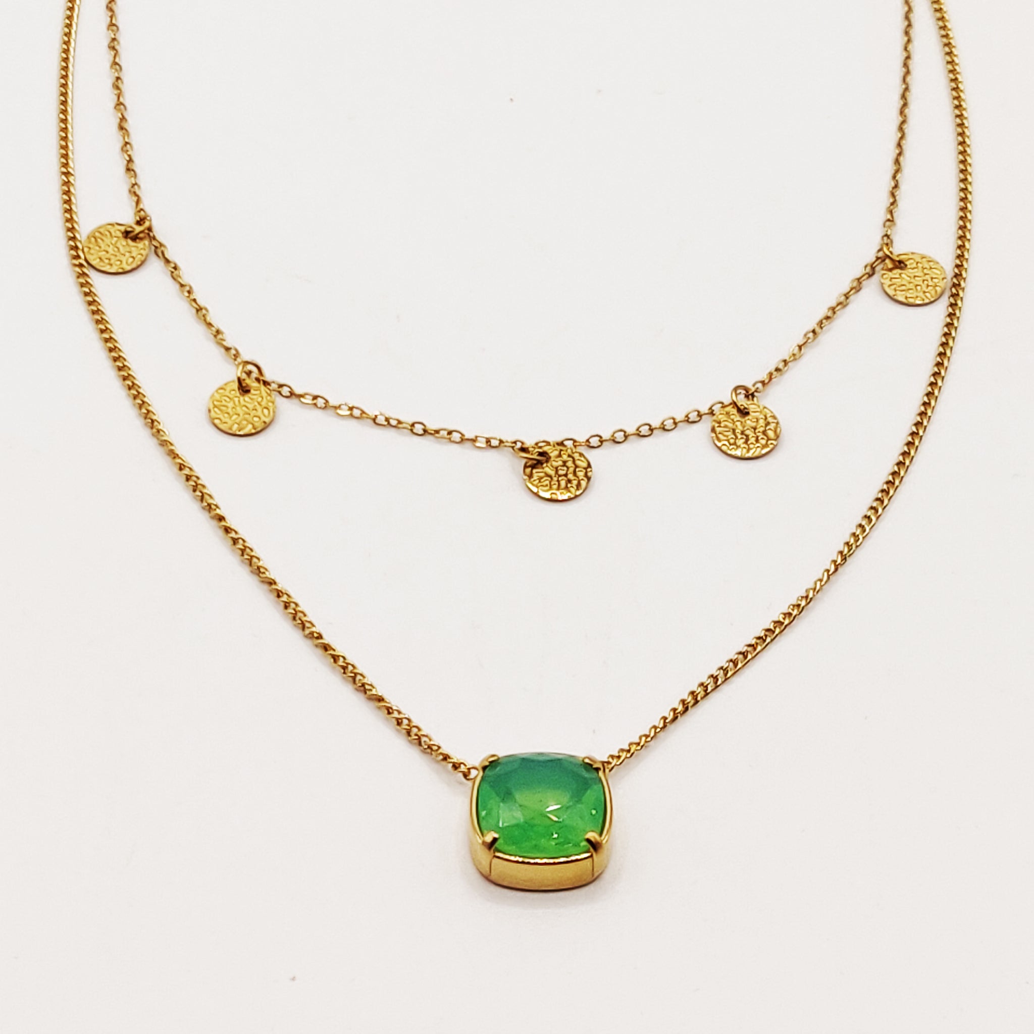 Collier Double Cercles et Pierre Verte