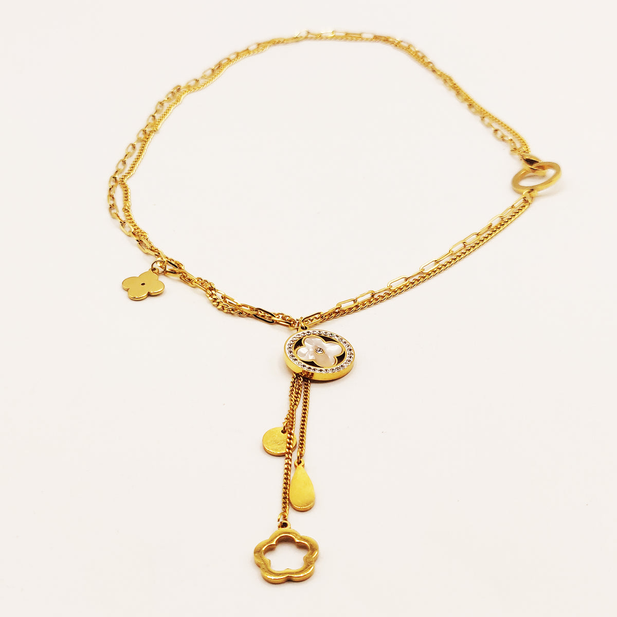 Collier Double Chaîne Cercle Trèfle Blanc Nacré et Pendentifs