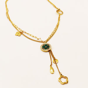 Collier Double Chaîne Cercle Trèfle Vert et Pendentifs
