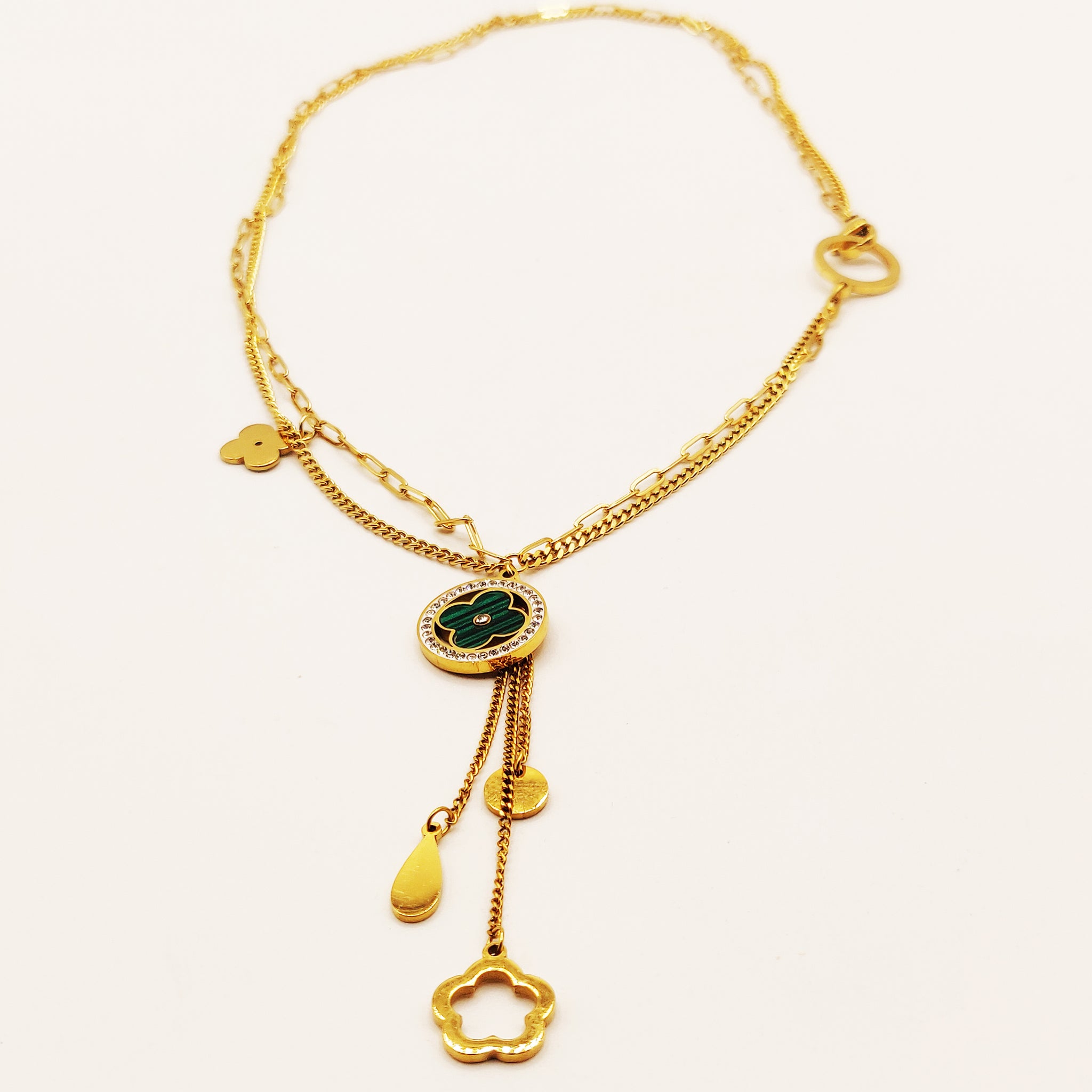 Collier Double Chaîne Cercle Trèfle Vert et Pendentifs