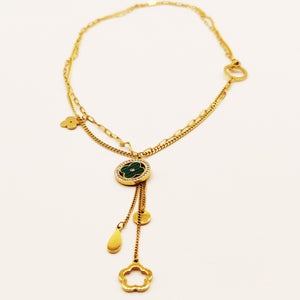 Collier Double Chaîne Cercle Trèfle Vert et Pendentifs
