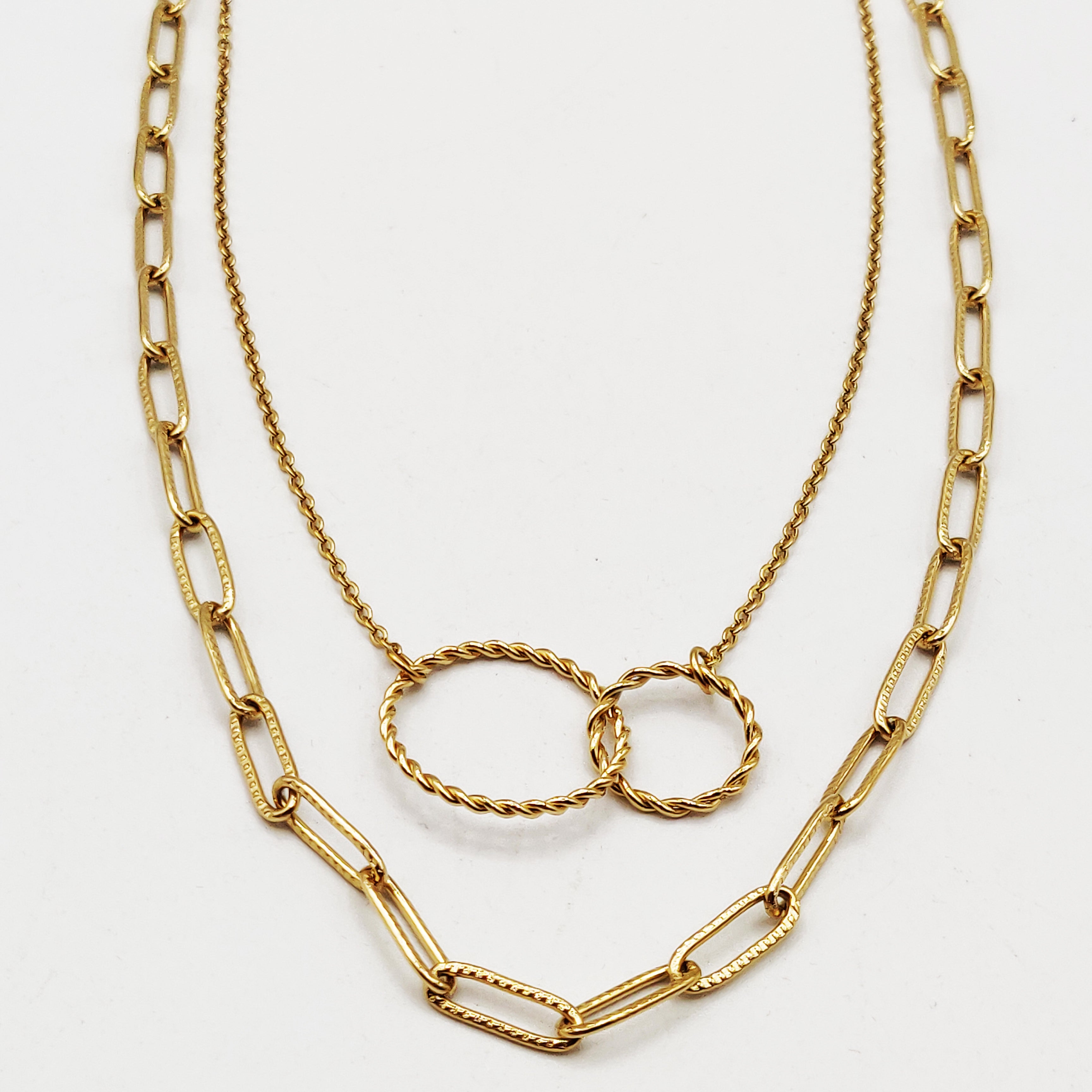 Collier Double Chaîne Pendentif Double Cercles Torsadés Luxe
