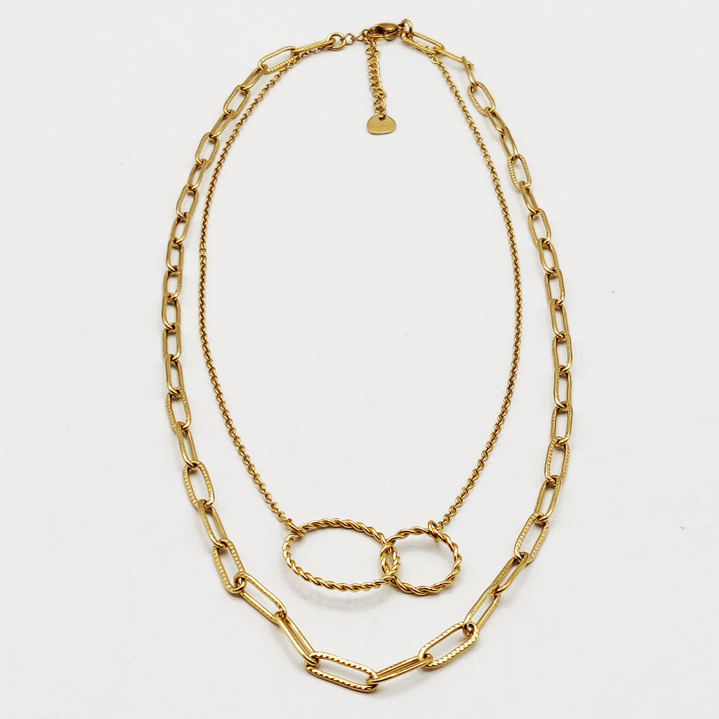 Collier Double Chaîne Pendentif Double Cercles Torsadés Luxe
