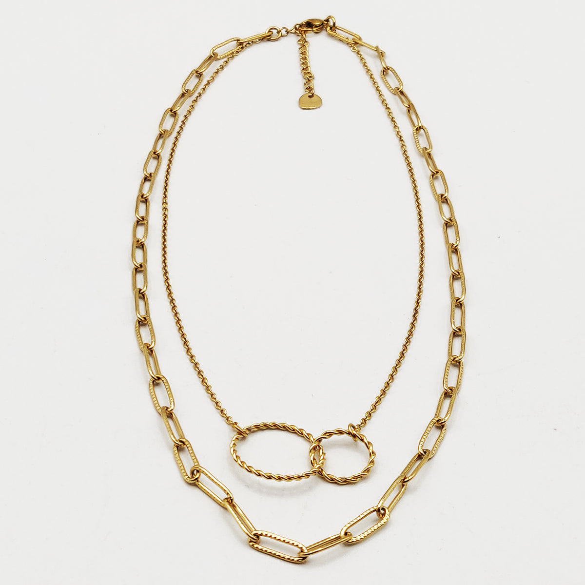 Collier Double Chaîne Pendentif Double Cercles Torsadés Luxe