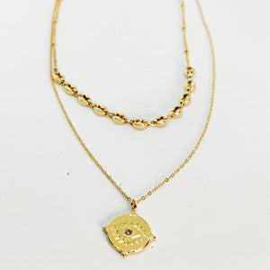 Collier Double Graines de Café et Mauvais Oeil