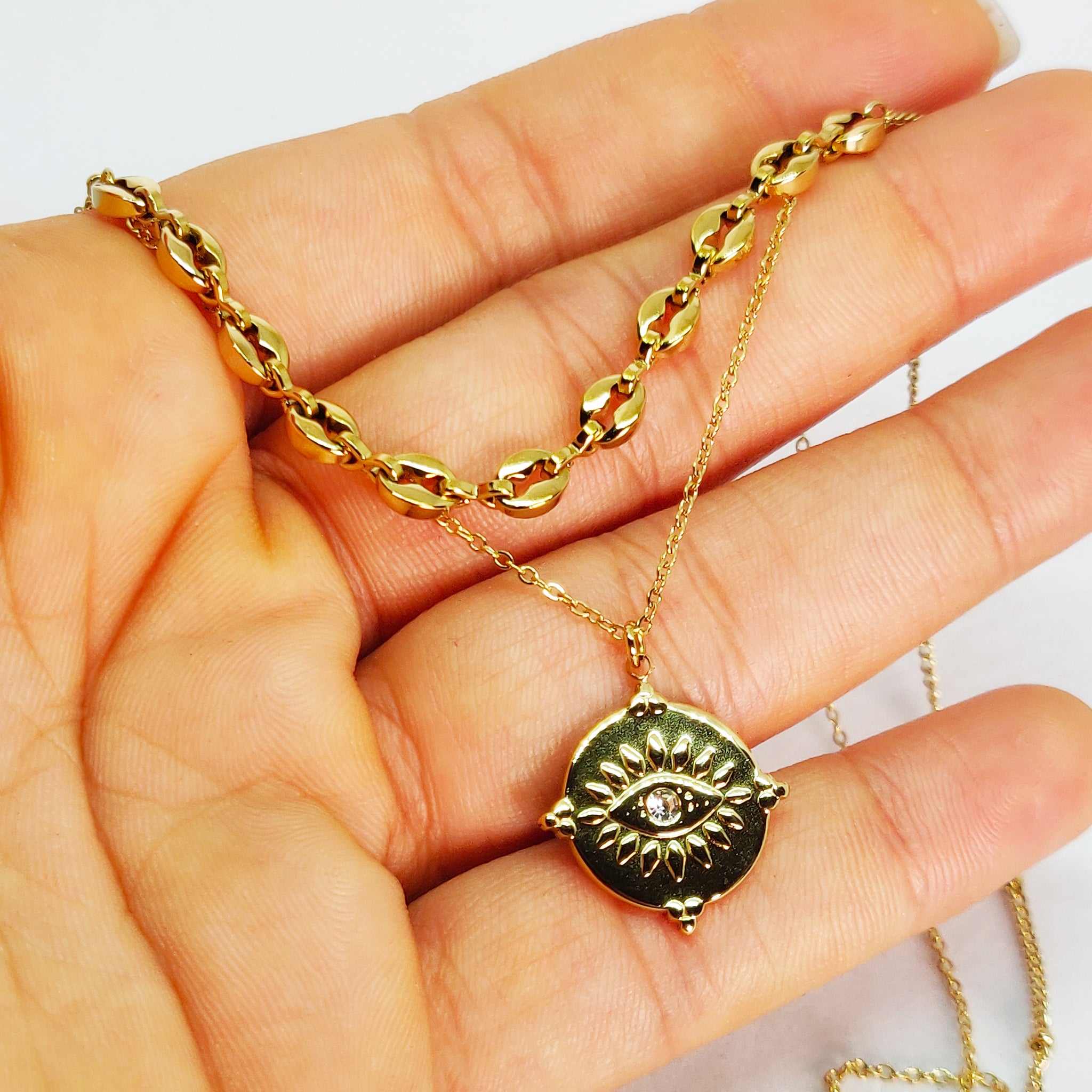 Collier Double Graines de Café et Mauvais Oeil