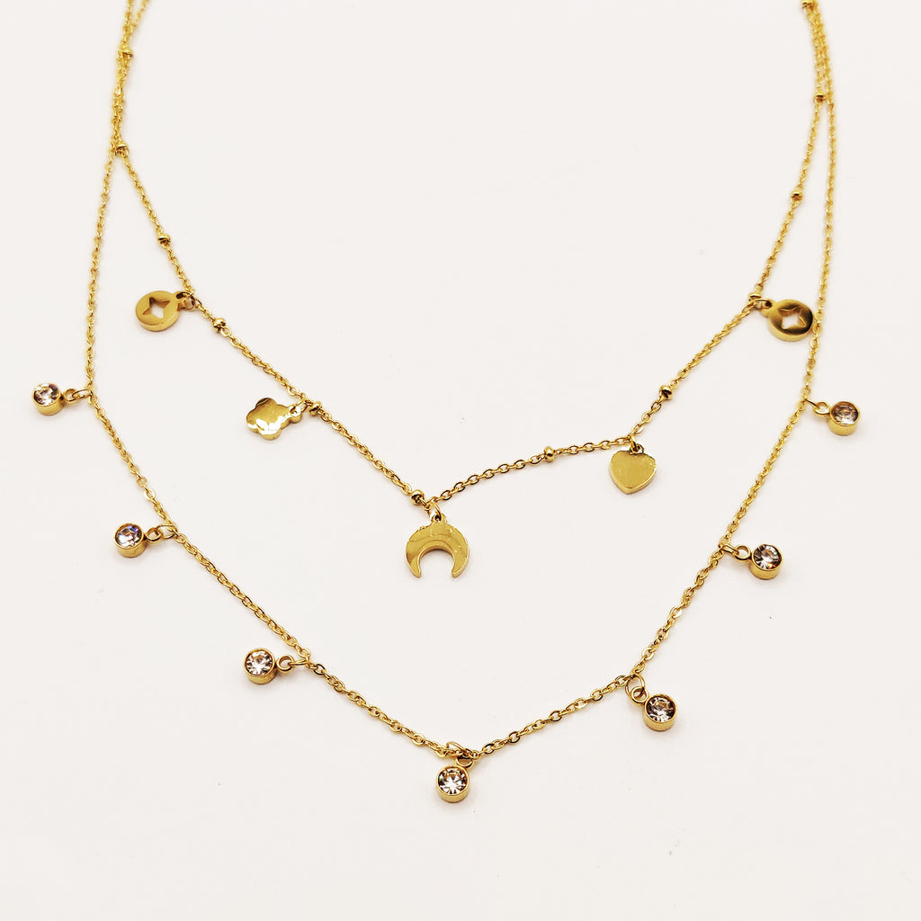 Collier Double Lune, Trèfle, Coeur, Étoiles et Cristaux