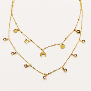 Collier Double Lune, Trèfle, Coeur, Étoiles et Cristaux