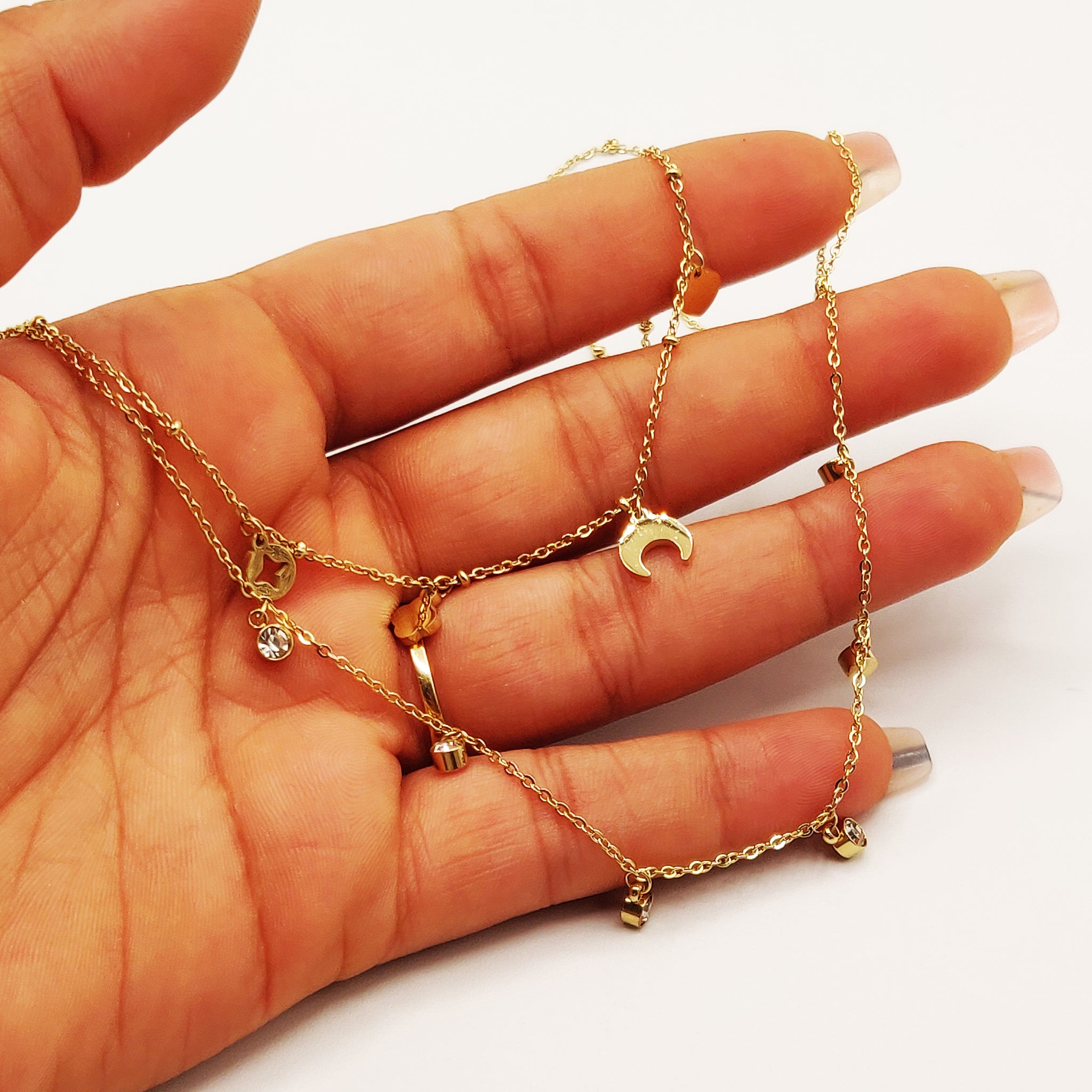 Collier Double Lune, Trèfle, Coeur, Étoiles et Cristaux