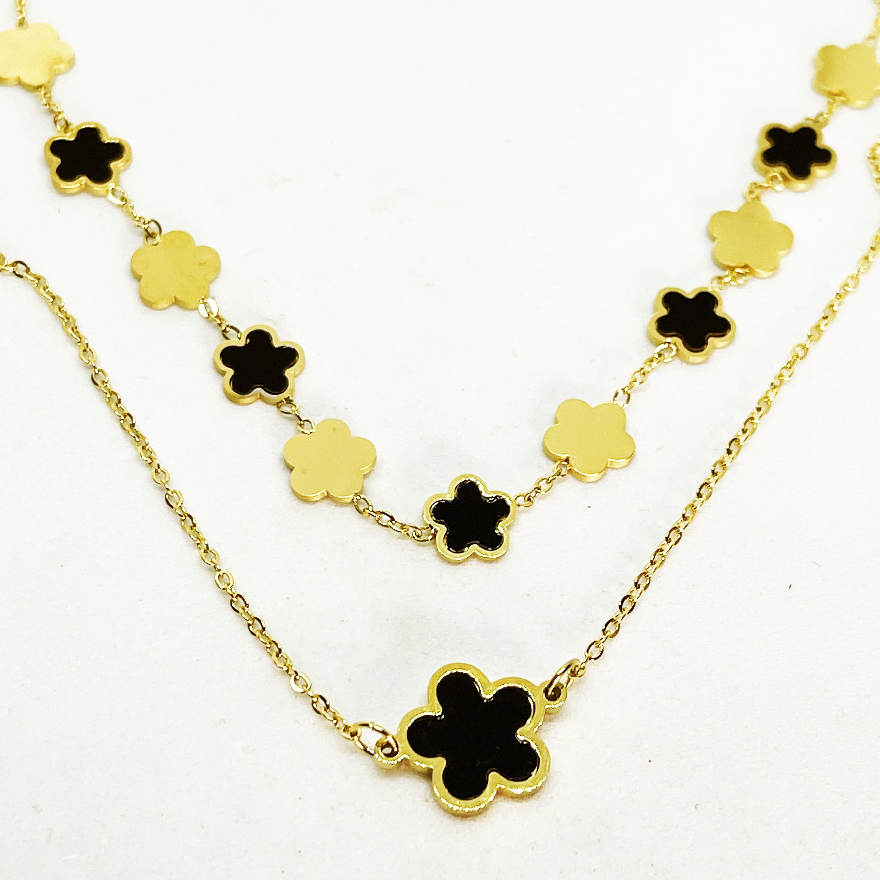 Collier Double Multi Marguerites Noires