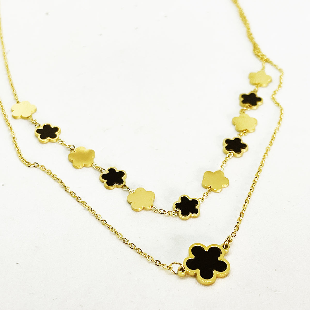 Collier Double Multi Marguerites Noires