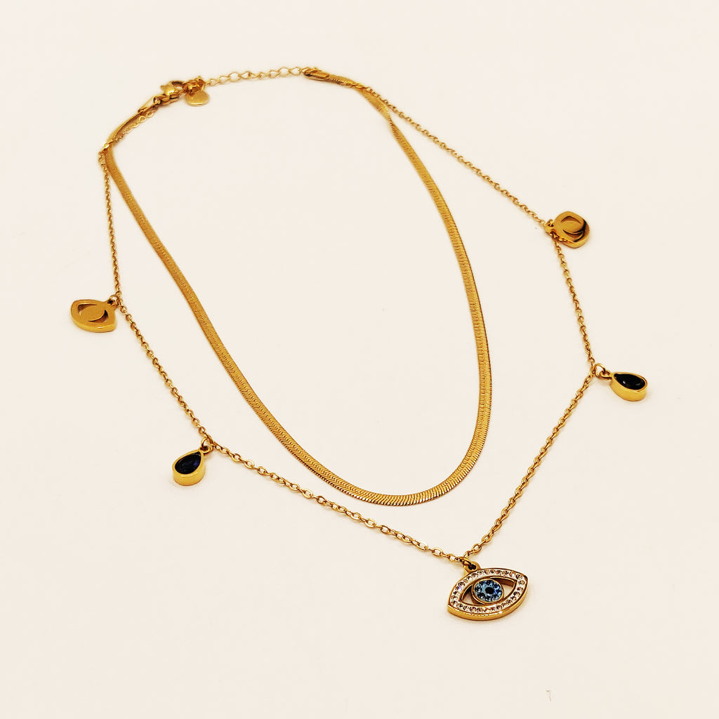Collier Double Oeil et Gouttes Bleues