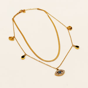 Collier Double Oeil et Gouttes Bleues