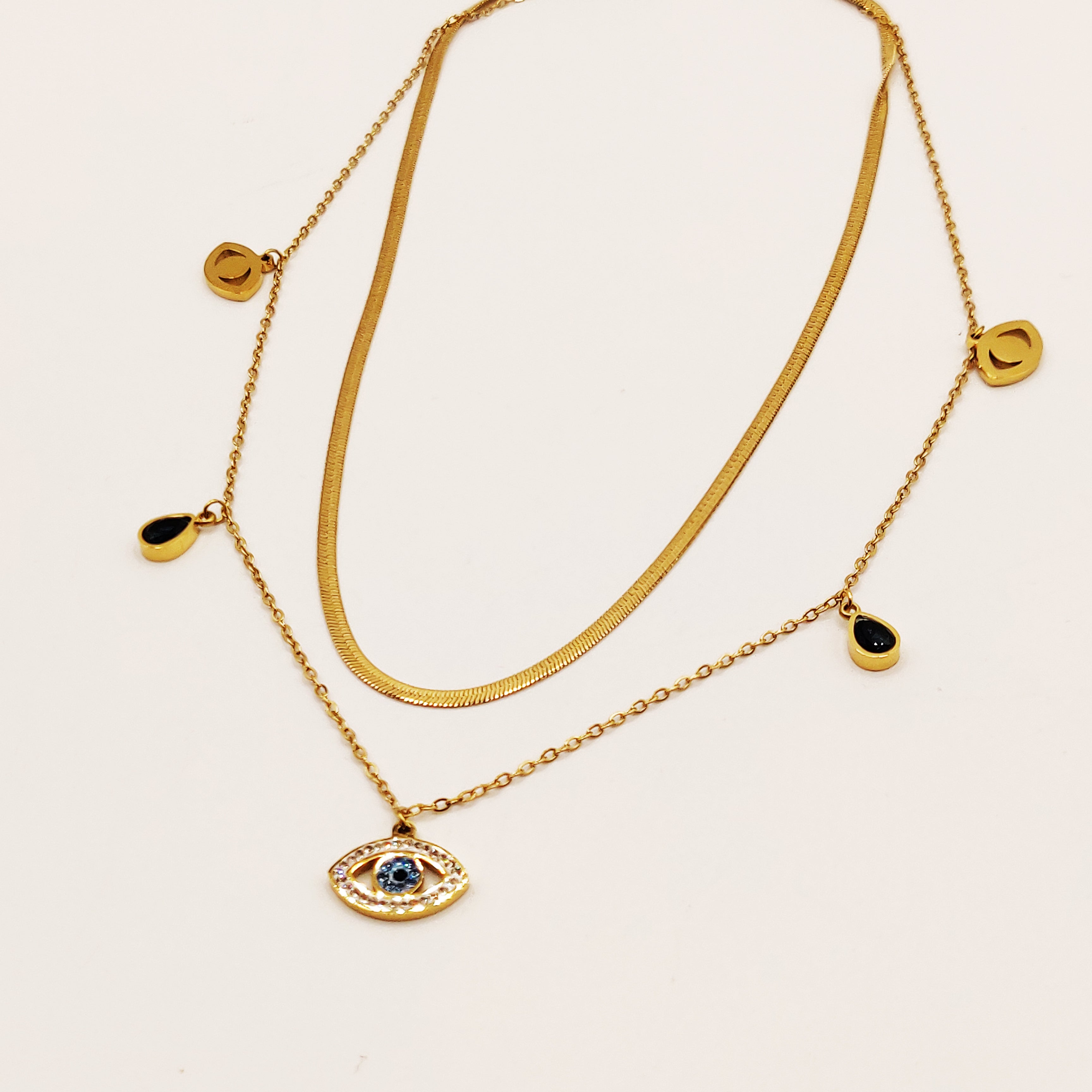 Collier Double Oeil et Gouttes Bleues