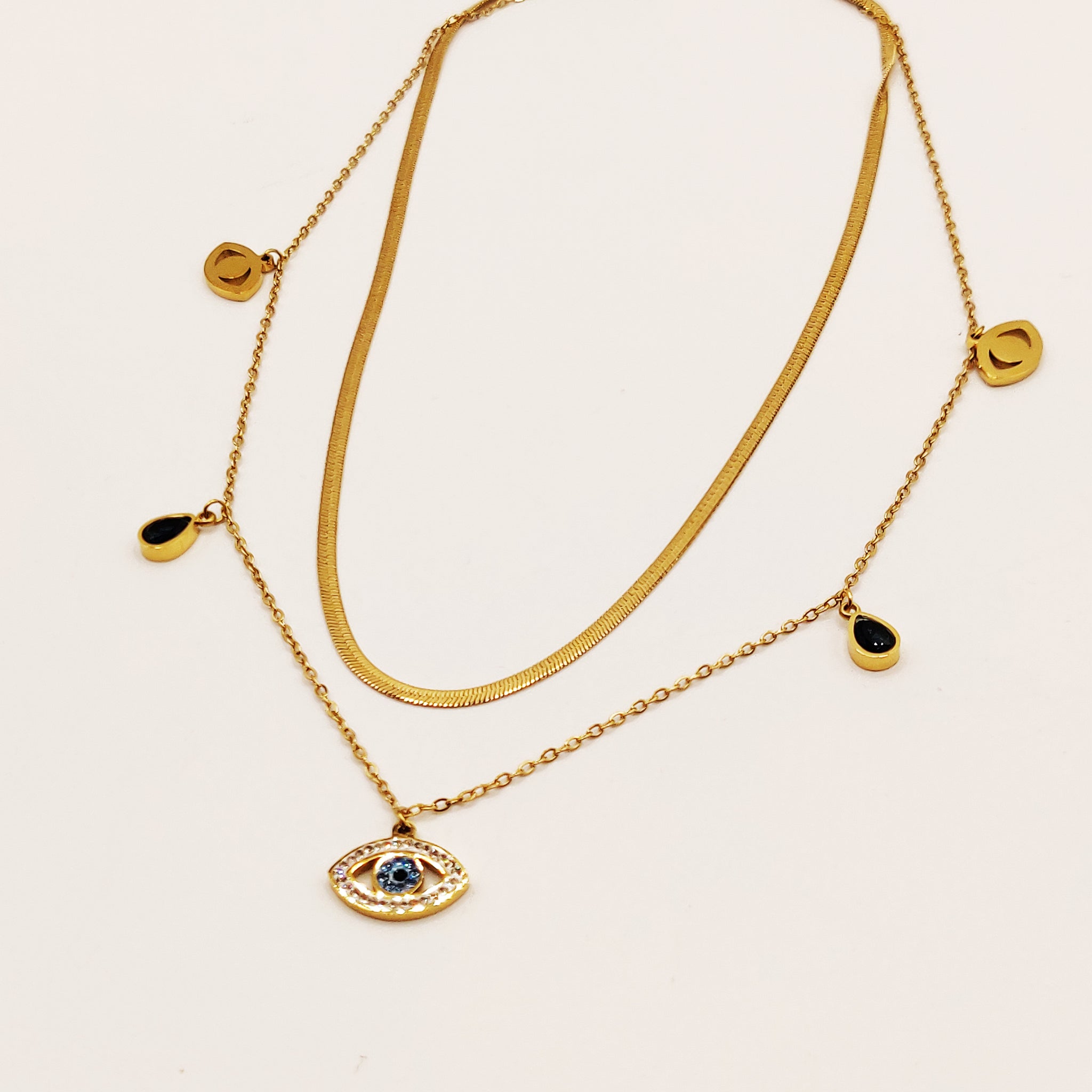 Collier Double Oeil et Gouttes Bleues