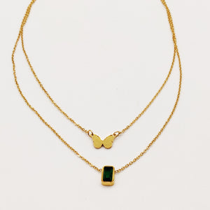 Collier Double Papillon et Cristal Vert
