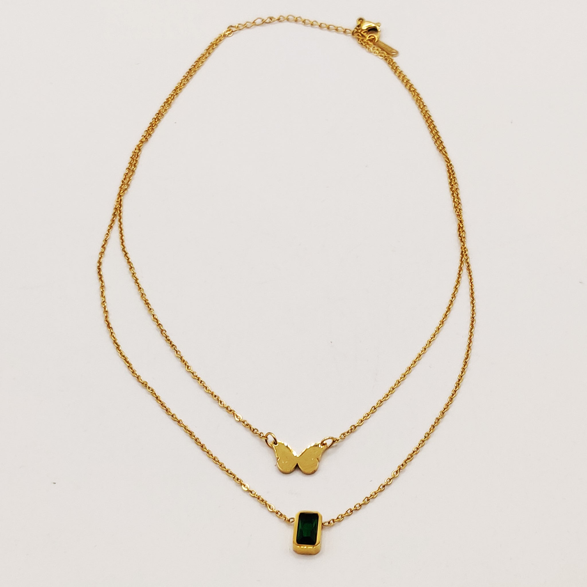 Collier Double Papillon et Cristal Vert